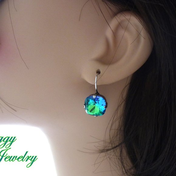Sphinx Blue Green 12mm Cushion Cut Drop Lever-Back Earrings, Assorted Finishes - Picture 4 of 5